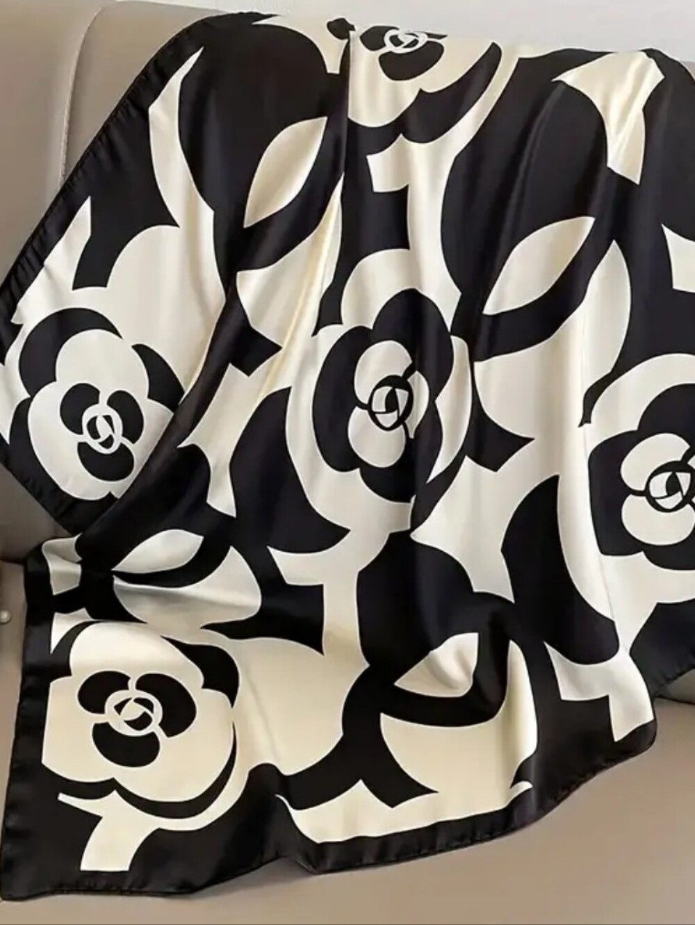 Black and Cream Floral Silk Scarf